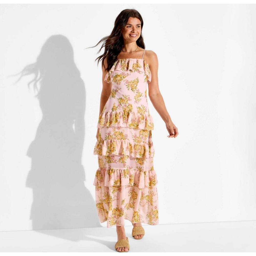 Women's Wild Fable Flounce Tiered Maxi A-line Dress Pink Floral XL